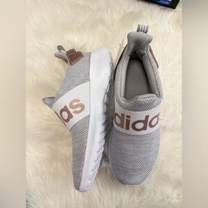 New Girls Adidas Light Gray Knit Slip-On Sneakers with White Soles